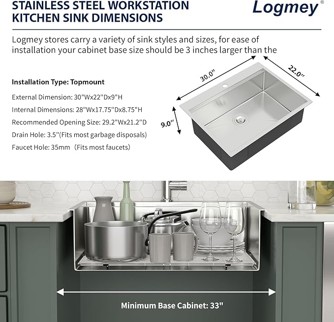 Logmey 30 Inch Drop In Kitchen Sink 30x22x9 All in One Workstation Topmount Sinks Stainless Steel 16 Gauge Single Bowl Overmount Kitchen Sink