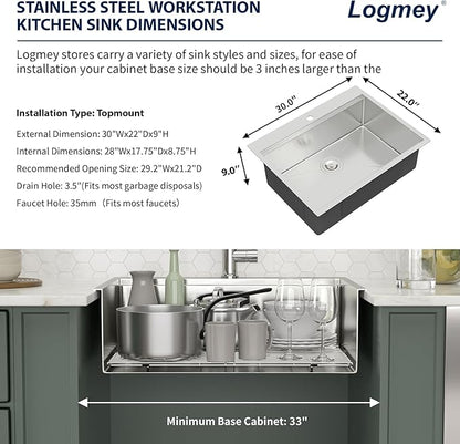 Logmey 30 Inch Drop In Kitchen Sink 30x22x9 All in One Workstation Topmount Sinks Stainless Steel 16 Gauge Single Bowl Overmount Kitchen Sink