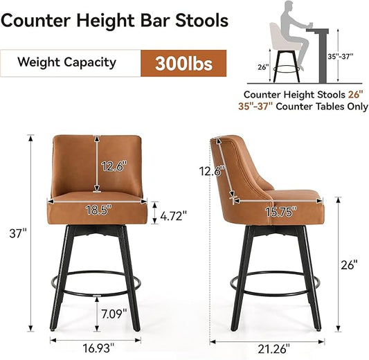 Vipbear Counter Height Bar Stools Set of 2, 26" H Swivel Bar Stools with Backs, PU Leather Upholstered Bar Chairs with Solid Wood Legs for Kitchen Island, Dining Room, Home Bar, Brown