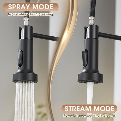 Kitchen Faucets with Sprayer, Matte Black High Arc Single Handle Spring Stainless Steel Kitchen Sink Faucet with Soap Dispenser, Utility Ideal for Farmhouse RV Laundry Commercial & Camper