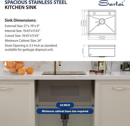 Sarlai Outdoor Sink, 21x19 Inch Gold Undermount Kitchen Sink Workstation with Foldable Faucet Bar Prep Single Bowl Gold Kitchen Sinks16 Gauge Stainless Steel BBQ Sinks with Cover 21"x19"x9“