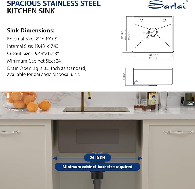 Sarlai Gold Undermount Bar Sink - 21x19 Inch Outdoor Kitchen Sink RV Workstation Gold 16 Gauge Stainless Steel Single Bowl Handmade Outdoor BBQ Sinks With Foldable Faucet