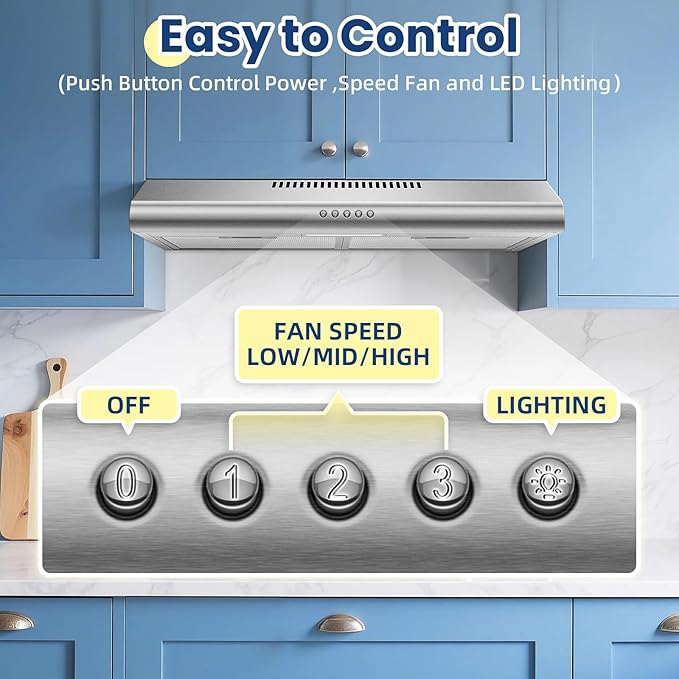 24 inch Range Hood Under Cabinet, Stainless Steel Range Hood 280CFM, Slim Kitchen Stove Hood w/Push Button, Ducted/Ductless Convertible, 3 Speeds Exhaust Fan, LED Light and Carbon Filter