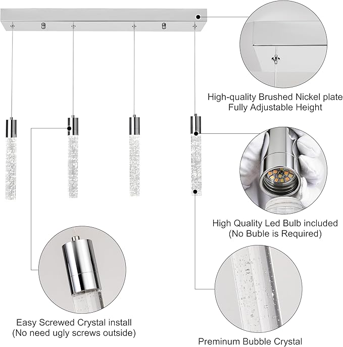 4 Light Pendant Lights Kitchen Island, Modern Chrome Crystal Pendants with Dimmable 3000K-6000K LED Ceiling Hanging Light Fixture for Dining Room Bedroom, Adjustable Height 59"