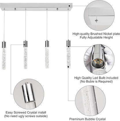 4 Light Pendant Lights Kitchen Island, Modern Chrome Crystal Pendants with Dimmable 3000K-6000K LED Ceiling Hanging Light Fixture for Dining Room Bedroom, Adjustable Height 59"