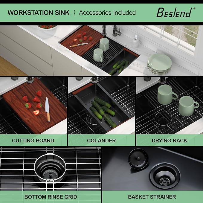 30 Inch Matte Black Workstation Kitchen Sink - Premium NANO-PVD Coated Undermount Sink, 16 Gauge Deep Single Bowl with Accessory Ledge & Round Corner, Fits 33" Cabinet (30"x19"x10")