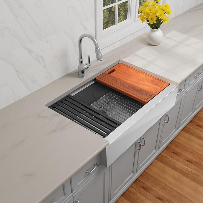 30-Inch Farmhouse Kitchen Sink, 16 Gauge Stainless Steel Farm Sink, Undermount Single Bowl, Brushed Finish, Deep Basin, Workstation Design with Accessories(Stainless Steel, 30" x 22" x 10")