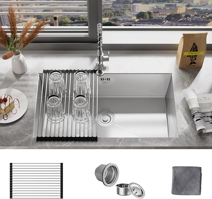 MAYESAR 27" Undermount Stainless Steel Kitchen Sinks, 27 x 18 Inch 16 Gauge Single Bowl Kitchen Sink, Honeycomb Embossed Design Prevents Scratches and Wear, with Accessories