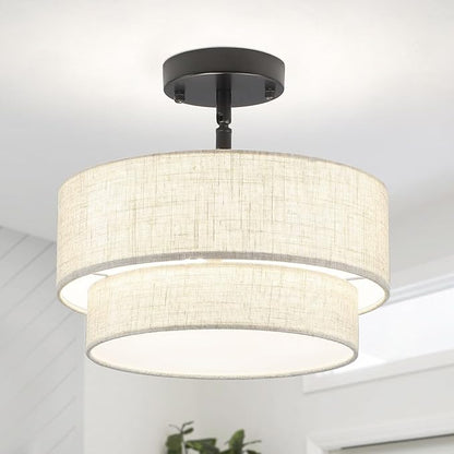 3-Light Semi Flush Mount Ceiling Light, 12.6 Inch Drum Black Chandelier Fabric Metal Kitchen Light Fixture, Dimmable Dining Room Light Fixture E26 Base Chandeliers for Living Room Bedroom