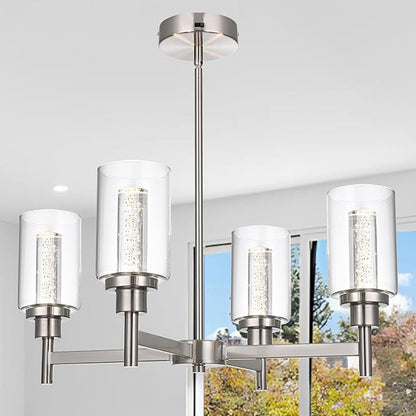 VINLUZ LED 4-Light Brushed Nickel Chandelier for Dining Room, Modern Farmhouse Chandelier with Clear Bubble Crystal Glass Shades, Ceiling Pendant Light with Adjustable Swivel Heads for Kitchen Hallway