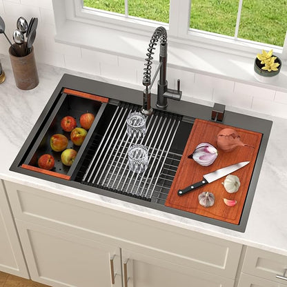 Dcolora 36 Inch Black Kitchen Sink Workstation Drop In Single Bowl Large Sink 16 Gauge Stainless Steel Nano PVD Coating Topmount With Round Corners, #DC-T8864