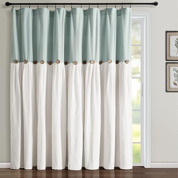 Lush Decor Linen Button Window Curtain Panel, Single, 100" W x 84" L, Blue & White - Country Curtains - Rustic Decor - Color Block Modern Farmhouse Curtains For Living Room, Bedroom & Dining Room