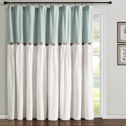 Lush Decor Linen Button Window Curtain Panel, Single, 100" W x 84" L, Blue & White - Country Curtains - Rustic Decor - Color Block Modern Farmhouse Curtains For Living Room, Bedroom & Dining Room