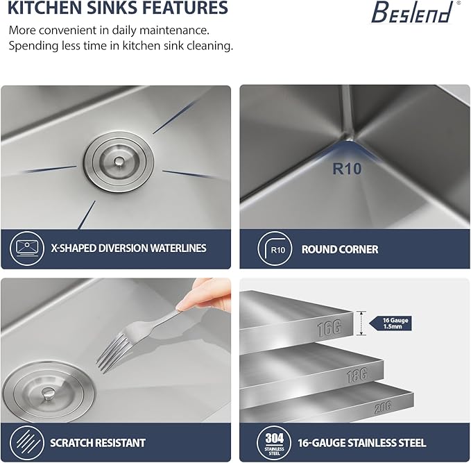 33 Inch Smart Waterfall Kitchen Sink - Beslend 33x19 Stainless Steel Drop In Waterfall Sink Topmount Workstation 16 Gauge Modern Sinks Single Bowl with Faucet, Cup Washer and Digital Display