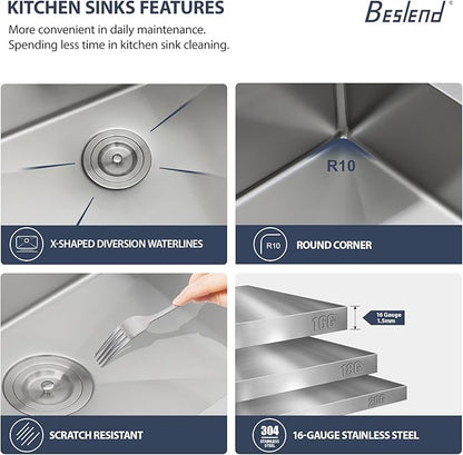 33 Inch Smart Waterfall Kitchen Sink - Beslend 33x19 Stainless Steel Drop In Waterfall Sink Topmount Workstation 16 Gauge Modern Sinks Single Bowl with Faucet, Cup Washer and Digital Display