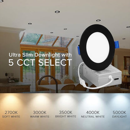 Maxxima 4 in. 5CCT Ultra Thin Recessed LED Downlight - Color Temperature Selectable 2700K/3000K/3500K/4000K/5000K, 700 Lumens, Dimmable Light Fixture with Black Trim, Canless with J-Box Included