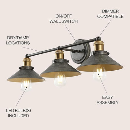 JONATHAN Y 26.5" Rustic Dark Gray/Brass Gold 3-Light Industrial Farmhouse Metal Vanity Light Wall Sconce, Metal Shade for Bathroom Mirror, Kitchen, Entryway, LED Bulb Included (JYL7428D)