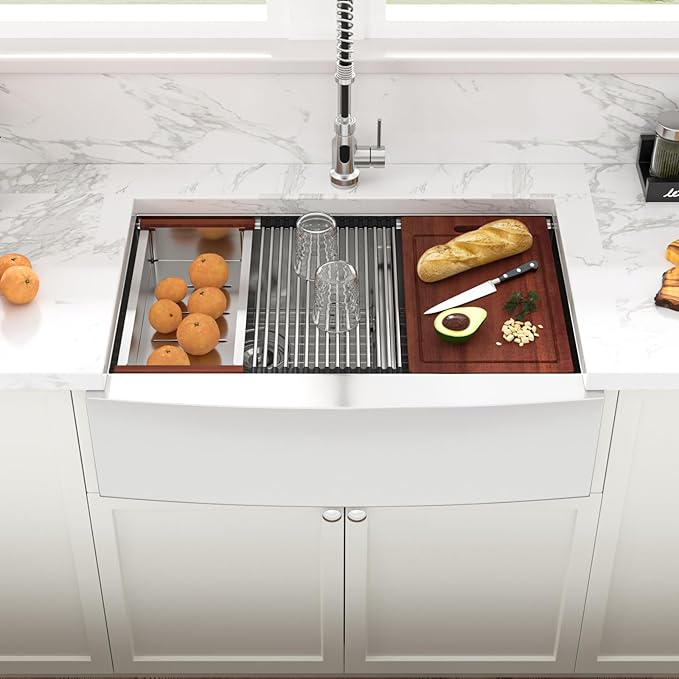 Sarlai 33 Farmhouse Sink Double Bowl - 33x22 Inch Farmhouse Kitchen Sink Apron Front Ledge Workstation Low Divide Double Bowl 60/40 16 Gauge Stainless Steel Farm Farmer Sinks Basin