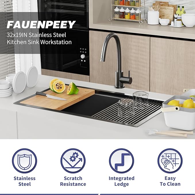 Black Kitchen Sink Workstation,32"x19" Stainless Steel Undermount Single Bowl Sink Built-in Ledge Drop In Workstation Sink Design For Place/Slide Accessories-Cutting Board,Drying Rack,Colander
