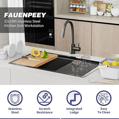Black Kitchen Sink Workstation,32"x19" Stainless Steel Undermount Single Bowl Sink Built-in Ledge Drop In Workstation Sink Design For Place/Slide Accessories-Cutting Board,Drying Rack,Colander