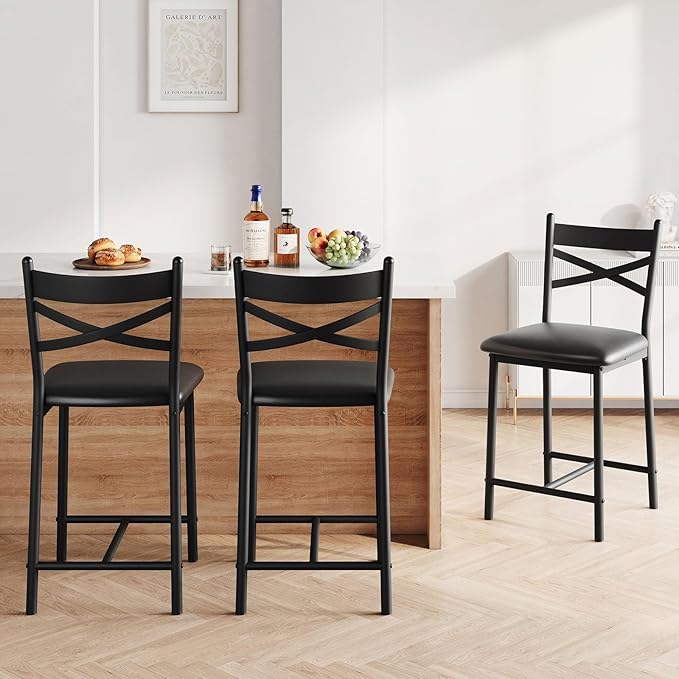 GarveeHome Bar Stools Set of 4, Counter Height Bar Chairs with Back and Thick Cushion, Upholstered Dining Chairs with Padded Seat, Barstools for Kitchen Island, Bar, Dining Room, Modern Black