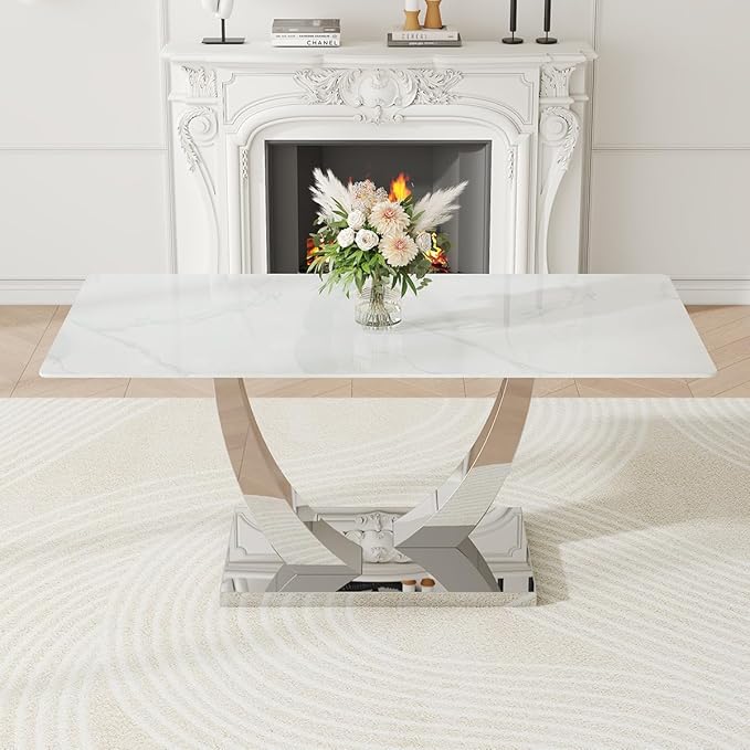 71" Modern Kitchen Table, Faux Marble Dining Room Table with 0.4" Thick Tempered Glass Top, White Dining Table with Silver U-Shaped Metal Base for Kitchen Dining Room