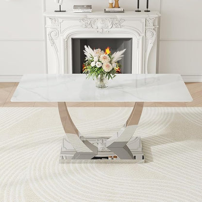 71" Modern Kitchen Table, Faux Marble Dining Room Table with 0.4" Thick Tempered Glass Top, White Dining Table with Silver U-Shaped Metal Base for Kitchen Dining Room