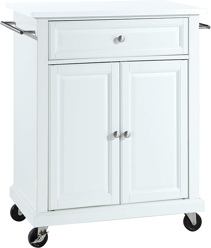 Crosley Furniture Compact Stone Top Small Rolling Cart with Shelves, Microwave Stand with Towel Rack, White