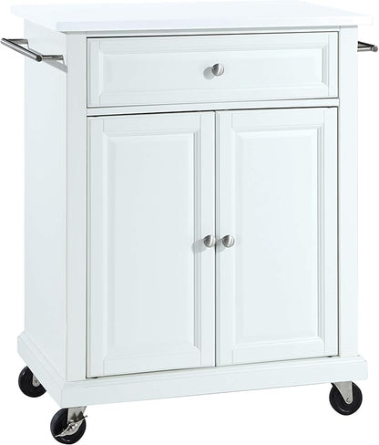 Crosley Furniture Compact Stone Top Small Rolling Cart with Shelves, Microwave Stand with Towel Rack, White