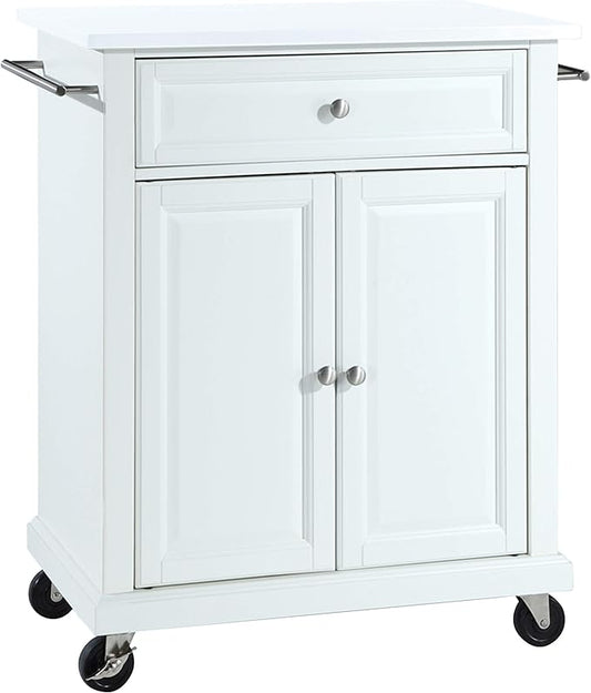 Crosley Furniture Compact Stone Top Small Rolling Cart with Shelves, Microwave Stand with Towel Rack, White