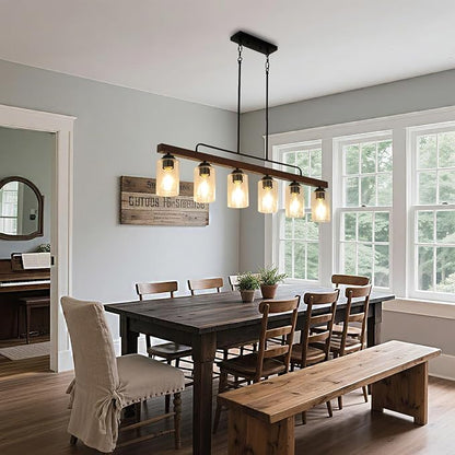 COTULIN 6-Light Farmhouse Kitchen Island Lighting, Dining Room Light Fixture, Rustic Wood Linear Chandelier Hanging, Black Pendant Light with Adjustable Rods and Seeded Glass Shades