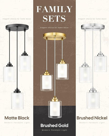 TENGXIN 3 Light Pendant Light,Matte Black Modern Pendant Light for Kitchen Island,Hanging Light with Dual Glass Shade,Farmhouse Pendant Lights for Dining Room,Bedroom,TXPLBK04