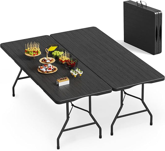 Set of 2 6 Foot Folding Table for Indoor Outdoor, Portable Heavy Duty Fold-in-Half Utility Plastic Foldable Dining Table with Carrying Handle for Picnic, Camping and Party, 2 Pack Matte Black