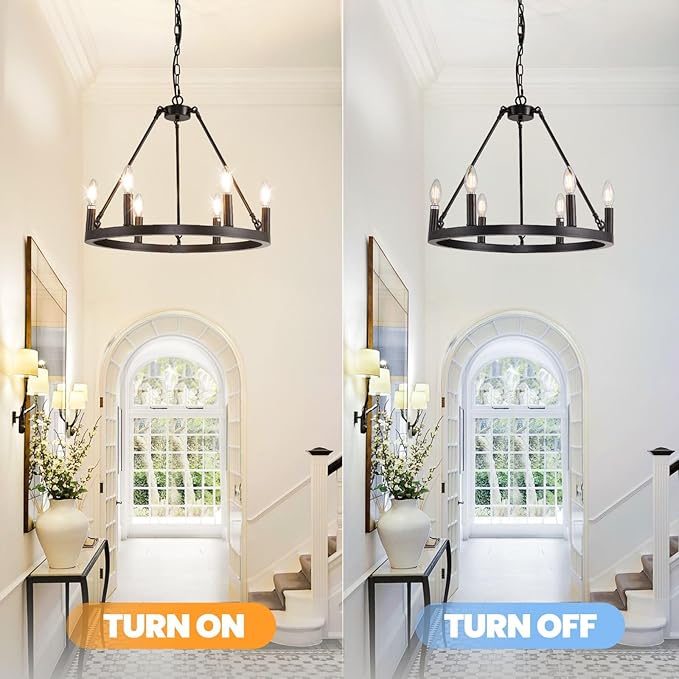 Black Chandelier, 6-Light Wagon Wheel Chandelier, Farmhouse Chandeliers for Dining Room, Rustic Kitchen Island Iight Fixtures, Dining Room Light Fixtures Over Table, for Living Room, Bedroom, Foyer