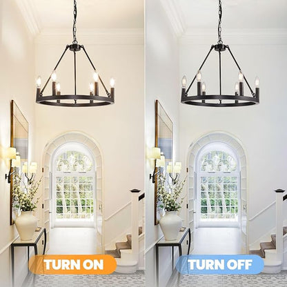 Black Chandelier, 6-Light Wagon Wheel Chandelier, Farmhouse Chandeliers for Dining Room, Rustic Kitchen Island Iight Fixtures, Dining Room Light Fixtures Over Table, for Living Room, Bedroom, Foyer