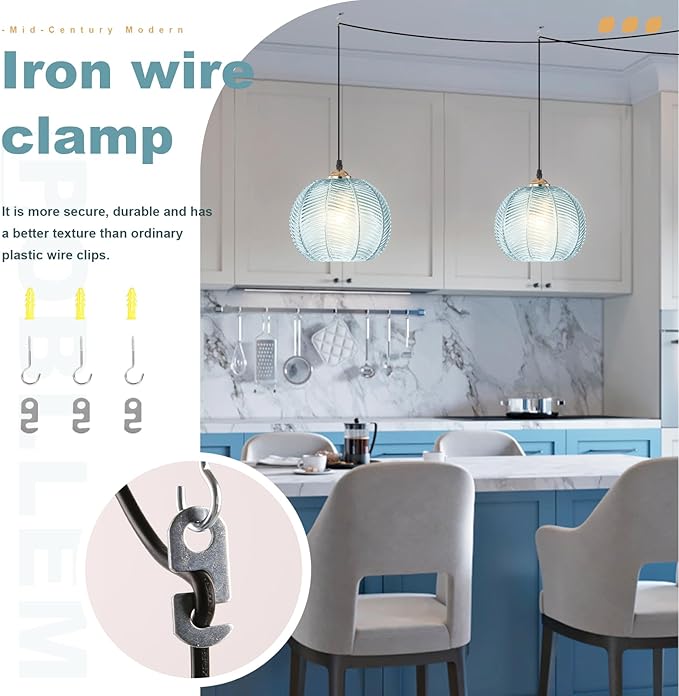 Blue Glass Plug in Pendant Light for Ceiling, 8.6" Plug in Hanging Lamp Pendant 14.76 FT Corded Light Fixture for Kitchen Plant Corner Living Room Office, Retro Plant Light