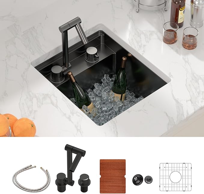 Sarlai Black Undermount Bar Sink - 15x17 Inch Outdoor Kitchen Sink RV Workstation Gunmetal Black 16 Gauge Stainless Steel Single Bowl Handmade Outdoor BBQ Sinks With Foldable Faucet