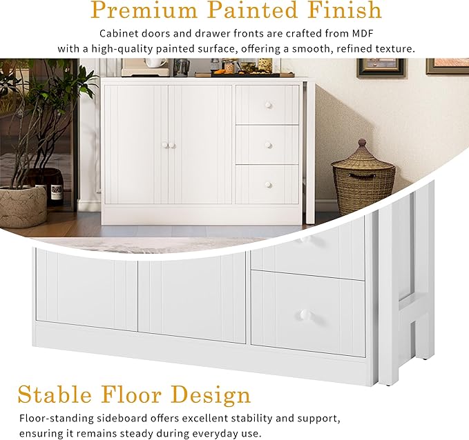 JIJIWANG 89.7'' Wooden Sideboard with Extendable Table,Multifunctional Storage Kitchen Island with 2 Doors and 3 Drawers,for Living Room,Study,Foyer and Kitchen, White
