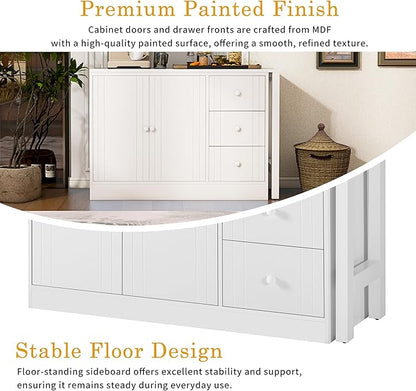 JIJIWANG 89.7'' Wooden Sideboard with Extendable Table,Multifunctional Storage Kitchen Island with 2 Doors and 3 Drawers,for Living Room,Study,Foyer and Kitchen, White