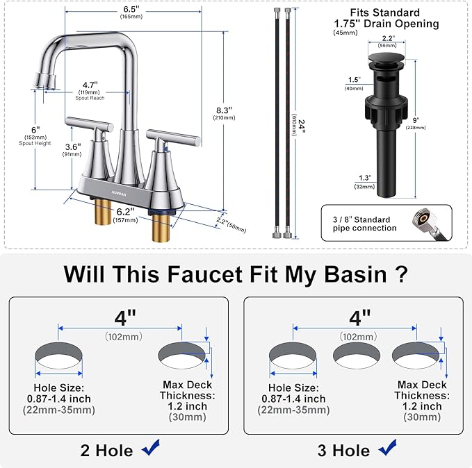 Bathroom Sink Faucet, Hurran 4 inch Chrome Bathroom Faucets for Sink 3 Hole with Pop-up Drain and Supply Lines, Stainless Steel 2-Handle Centerset Faucet for Bathroom Sink Vanity RV Restroom