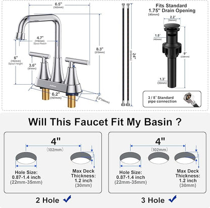 Bathroom Sink Faucet, Hurran 4 inch Chrome Bathroom Faucets for Sink 3 Hole with Pop-up Drain and Supply Lines, Stainless Steel 2-Handle Centerset Faucet for Bathroom Sink Vanity RV Restroom
