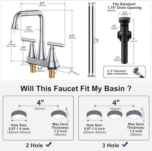 Bathroom Sink Faucet, Hurran 4 inch Chrome Bathroom Faucets for Sink 3 Hole with Pop-up Drain and Supply Lines, Stainless Steel 2-Handle Centerset Faucet for Bathroom Sink Vanity RV Restroom