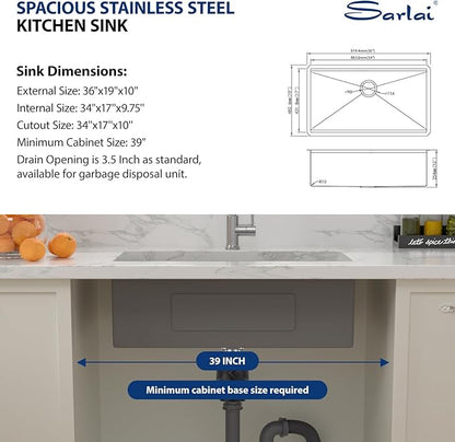 Sarlai 36 Inch Undermount Kitchen Sink Workstation Single Bowl 16 Gauge Stainless Steel Under Counter Kitchen Sinks Large Basin with Round Corners 36x19x10 In