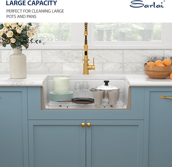 Sarlai 33 White Farmhouse Sink - 33x20 Inch Kitchen Sink Apron Front Ceramic Porcelain Vitreous Fireclay Single Bowl Farmer Sinks Basin