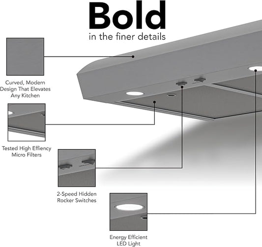 Broan-NuTone 30-Inch Stainless Steel Under Cabinet Range Hood- Modern Design with Quiet Power at 350 CFM, 1.5 Sones for Powerful Kitchen Ventilation