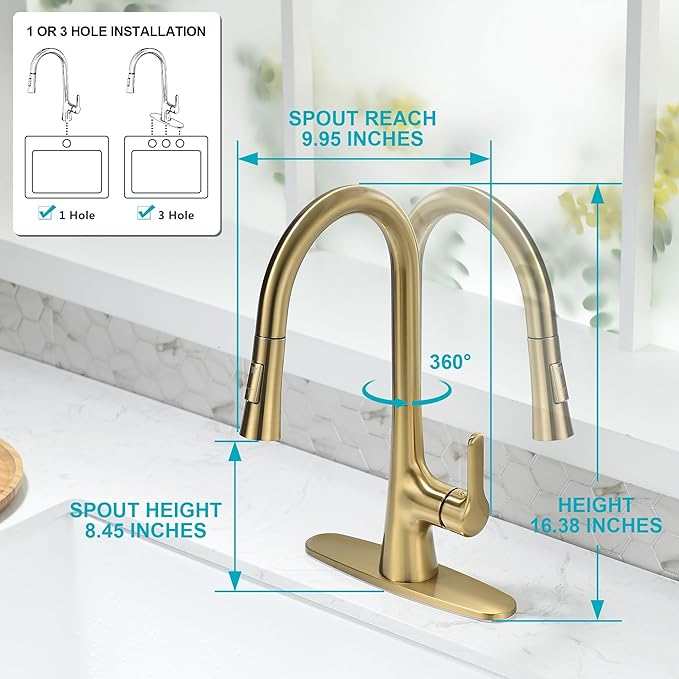 Brushed Gold Kitchen Faucet, Single Handle Gold Kitchen Sink Faucet with Pull Down Sprayer Modern Stainless Steel Brass Kitchen Faucet with Deck Plate Power Clean Spray Head 1 or 3 Hole