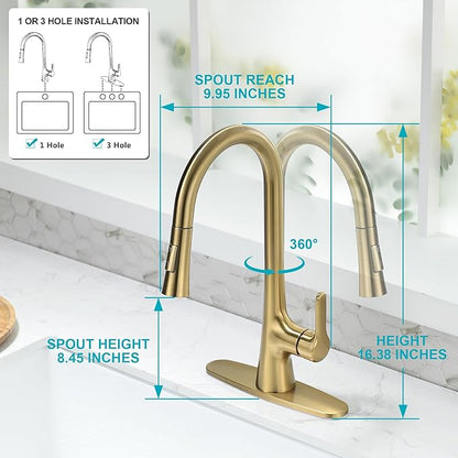 Brushed Gold Kitchen Faucet, Single Handle Gold Kitchen Sink Faucet with Pull Down Sprayer Modern Stainless Steel Brass Kitchen Faucet with Deck Plate Power Clean Spray Head 1 or 3 Hole