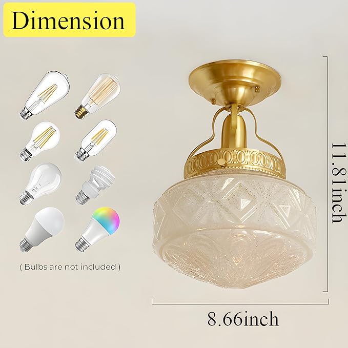 Bofea-Gold Semi Flush Mount Ceiling Light,Brass Vintage Flush Mounted Ceiling Lighting with Milk White Glass Shade, Mid-Century Style Ceiling Light Fixture for Hallway Foyer Loft Bathroom Bedroom. (B)