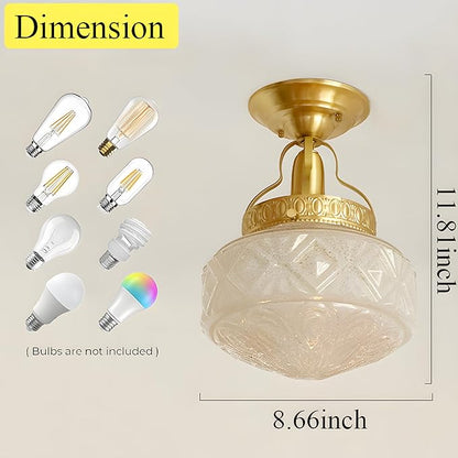 Bofea-Gold Semi Flush Mount Ceiling Light,Brass Vintage Flush Mounted Ceiling Lighting with Milk White Glass Shade, Mid-Century Style Ceiling Light Fixture for Hallway Foyer Loft Bathroom Bedroom. (B)