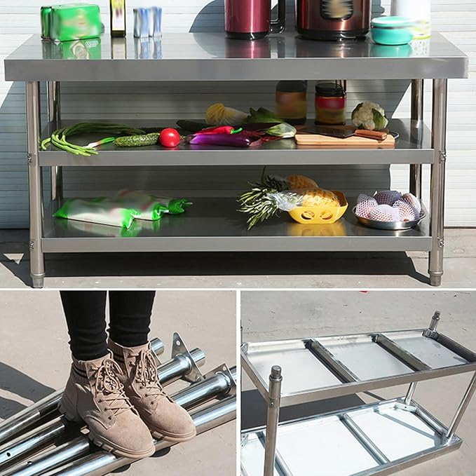 Stainless Steel Table Cooking Table, Kitchen Prep Station, Metal Work Table, Kitchen Island with 3 Shelves, for Home, Kitchen and Dining Room (Color : Thickened 80 * 50 * 80 three layers)